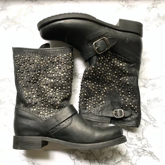 Frye Black Studded Combat Boots - Picture 6 of 13